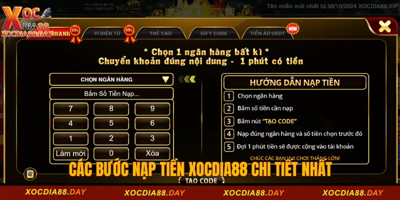 Các bước nạp tiền Xocdia88 chi tiết nhất 